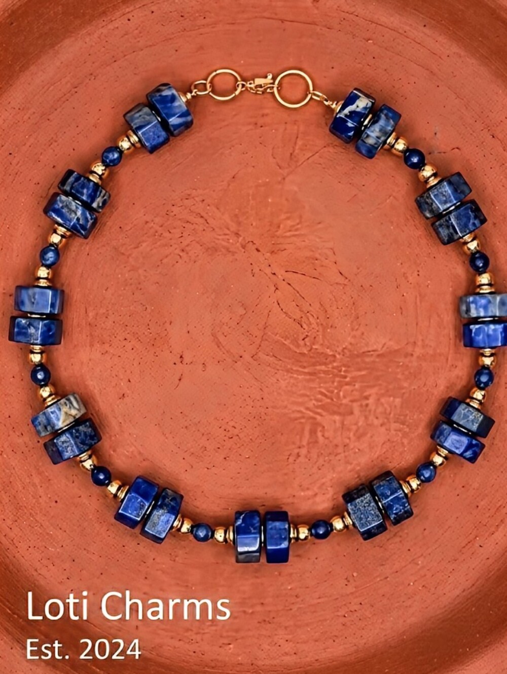 Large Lapis Lazuli Heavy Wheel Stones For Earthy Look In Gold Plated Necklace